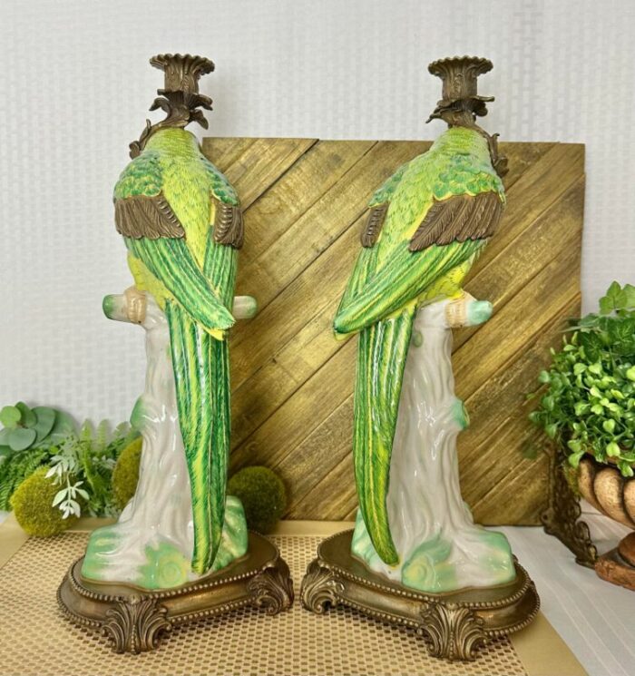 mid 20th century castilian imports parrot porcelain and bronze candle holders a pair 7549