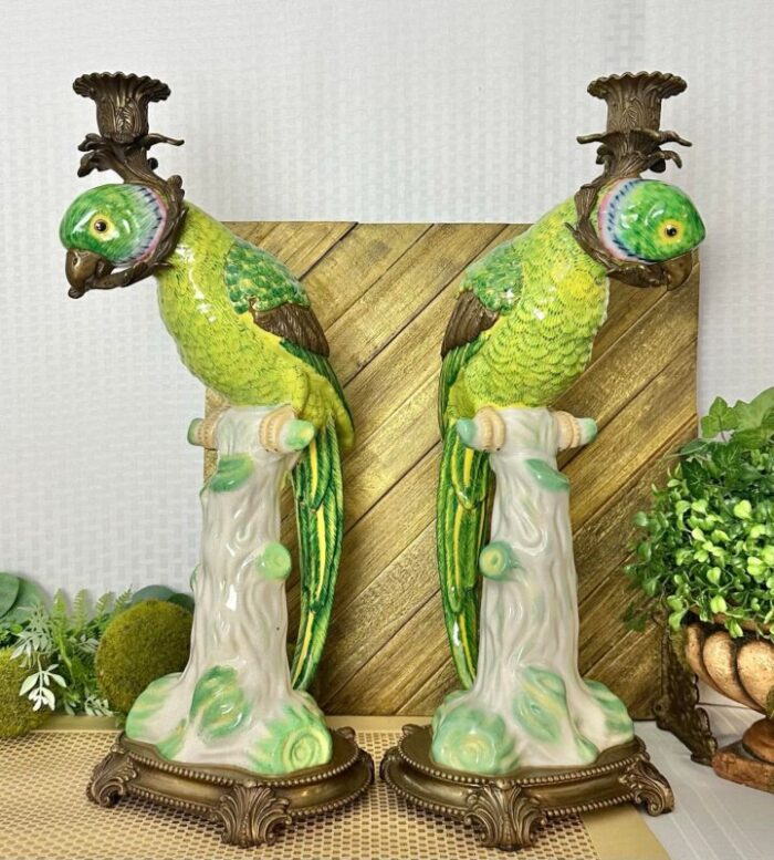 mid 20th century castilian imports parrot porcelain and bronze candle holders a pair 7802