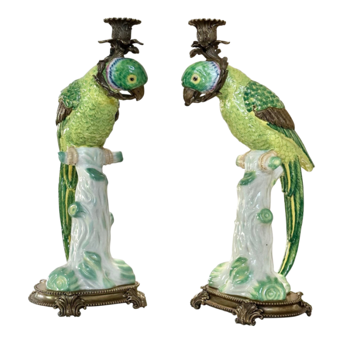 mid 20th century castilian imports parrot porcelain and bronze candle holders a pair 8911