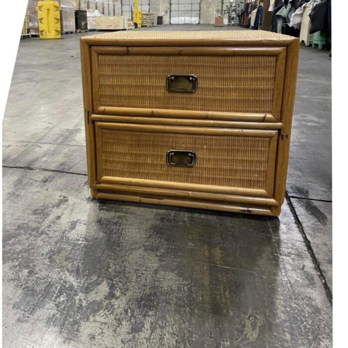 mid 20th century coastal chic rattan dresser and nightstand set 4429