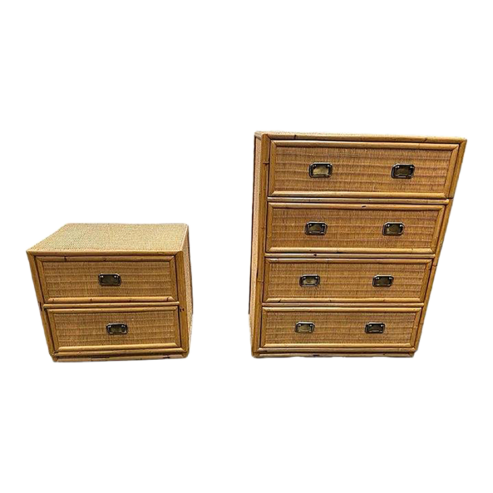 mid 20th century coastal chic rattan dresser and nightstand set 9375