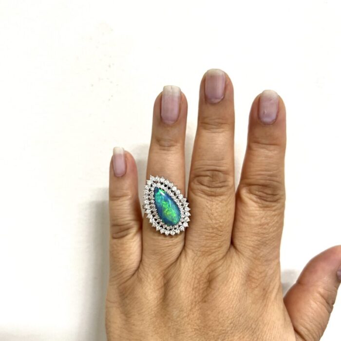 mid 20th century lightning ridge black opal and white diamond cocktail ring in 18k white gold size 675 0632