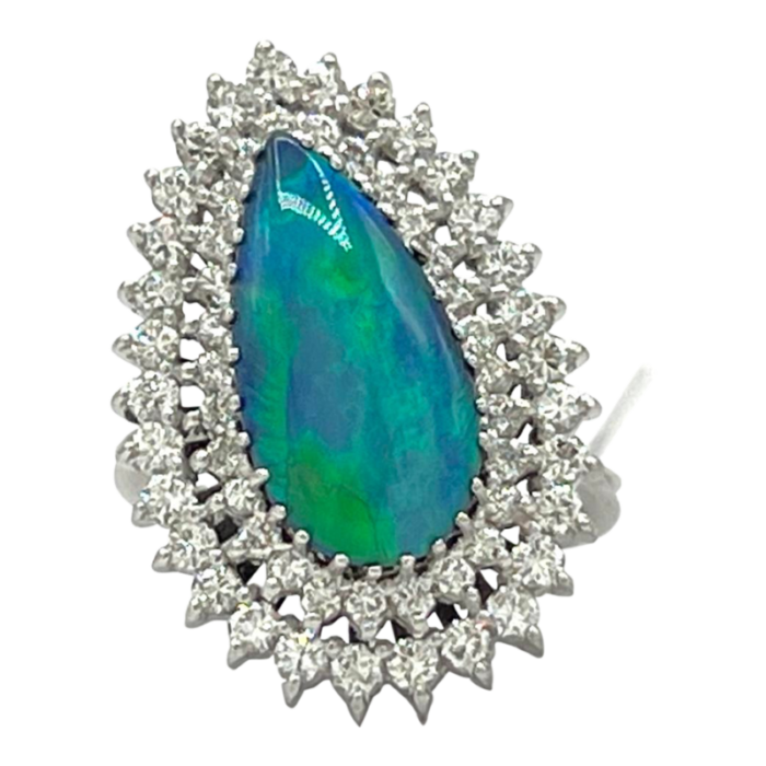 mid 20th century lightning ridge black opal and white diamond cocktail ring in 18k white gold size 675 1202