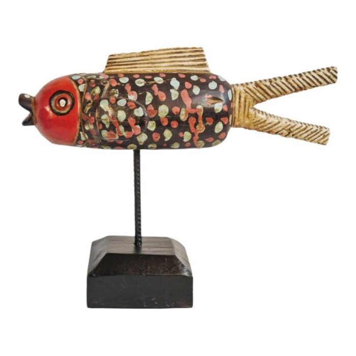 mid 20th century mali wood bozo fish puppet on stand 1