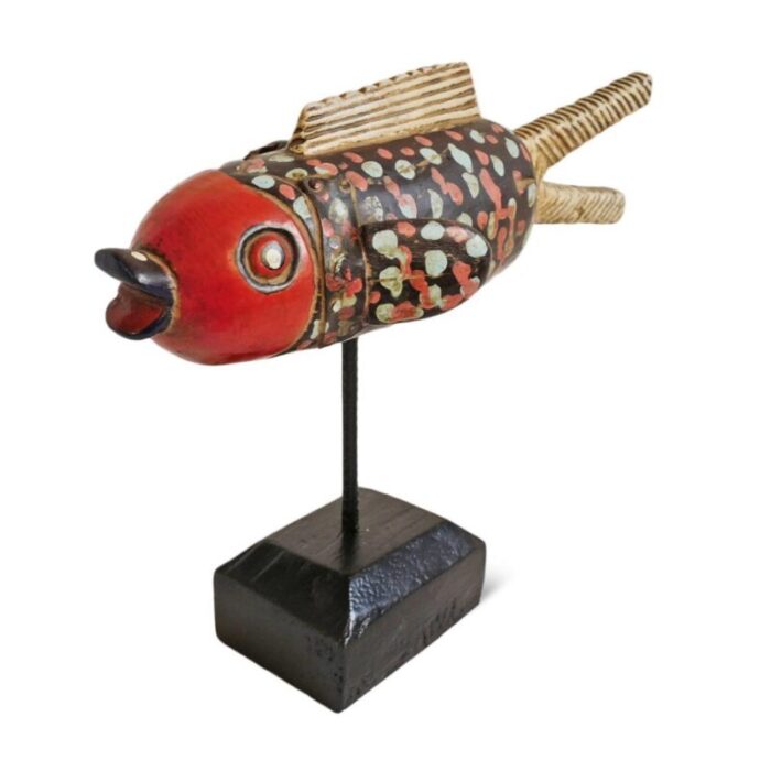 mid 20th century mali wood bozo fish puppet on stand 2