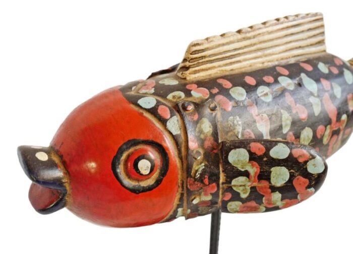 mid 20th century mali wood bozo fish puppet on stand 4