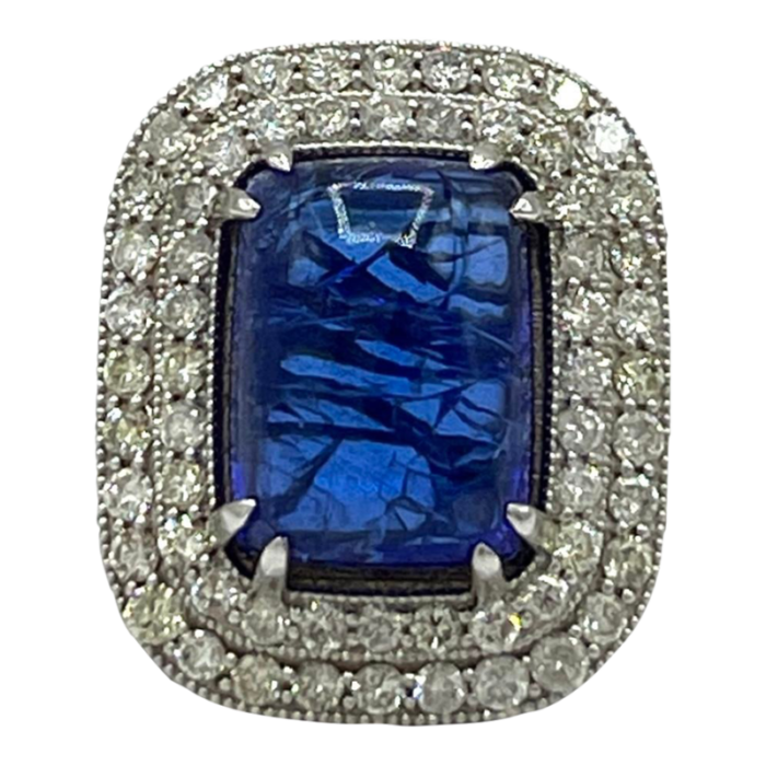 mid 20th century tanzanite rectangular cabochon and white diamond cocktail ring in 18k white gold size 725 2646