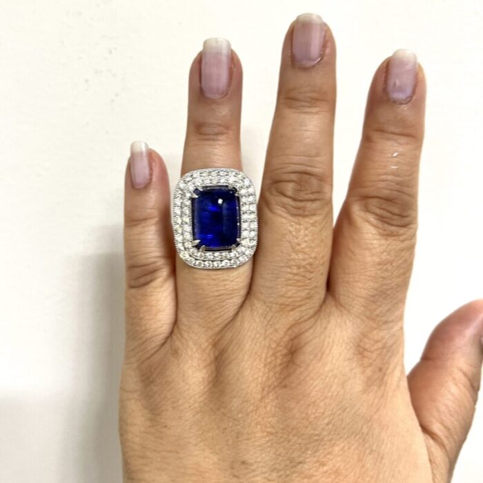 mid 20th century tanzanite rectangular cabochon and white diamond cocktail ring in 18k white gold size 725 3060