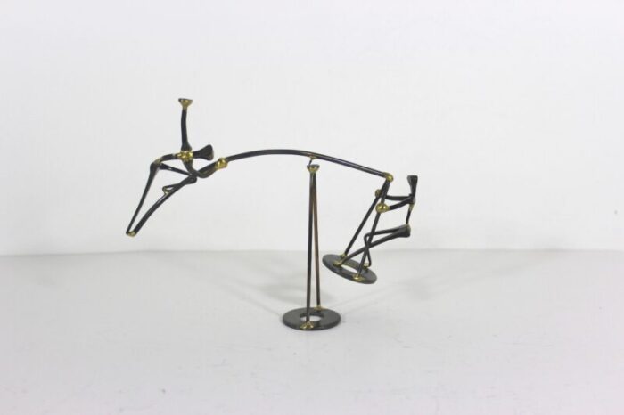 mid 20th century vintage handmade kinetic sculpture acrobats seesaw small metal art 6923