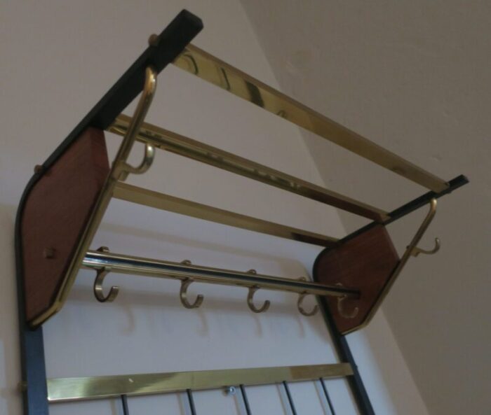 mid century coat and hat rack in brass and teak 1960s 0871