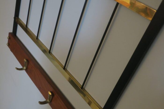 mid century coat and hat rack in brass and teak 1960s 3924