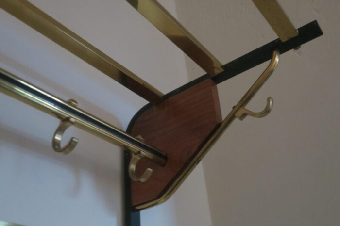 mid century coat and hat rack in brass and teak 1960s 9385