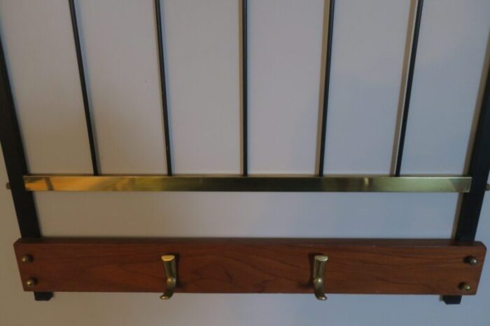 mid century coat and hat rack in brass and teak 1960s 9697