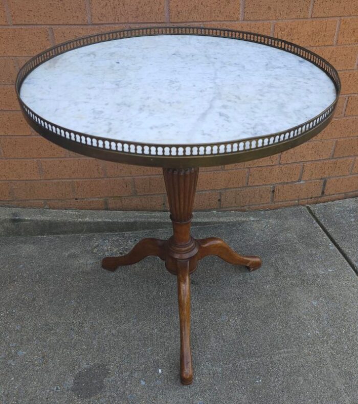 mid century french mahogany marble top galleried gueridon table 2454