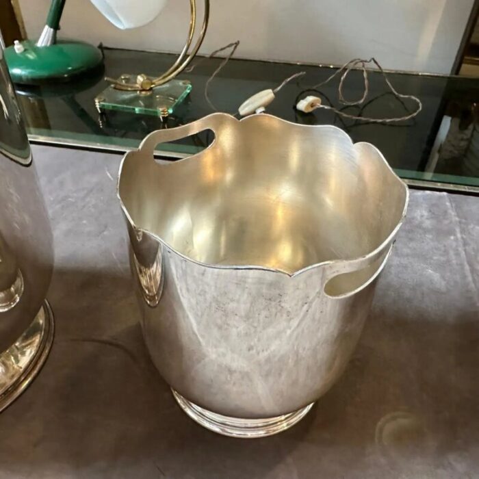 mid century french modern silver plated set of wine cooler and ice bucket 1970s set of 2 9