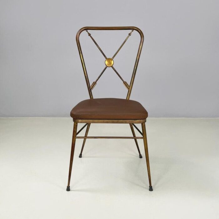 mid century italian modern chair in brass and brown fabric 1950s 7167