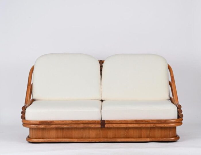 mid century italian sofa in curved bamboo and leather with white fabric 1960s 5900