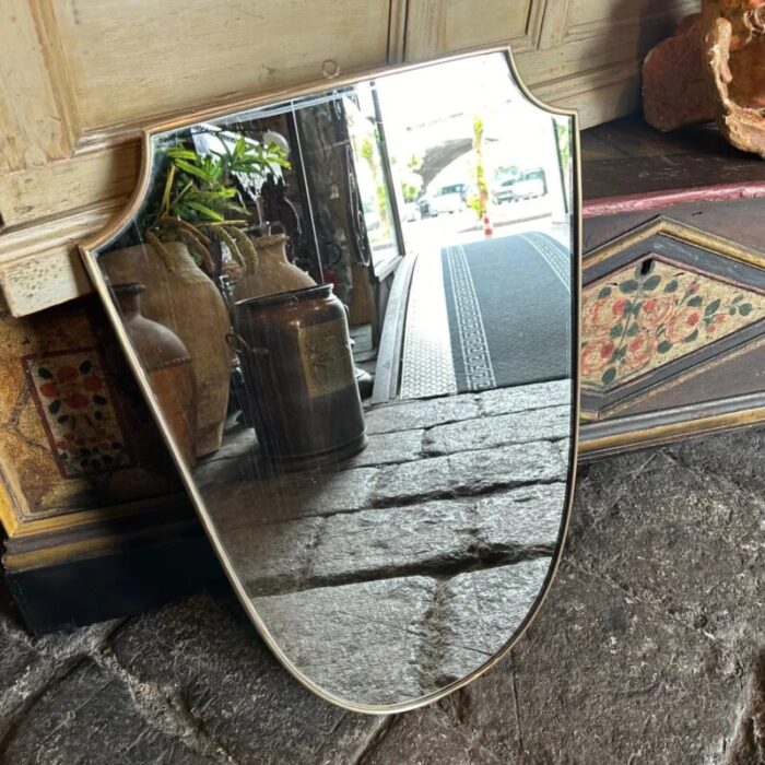 mid century modern italian brass shield wall mirror in the style of gio ponti 1950s 3