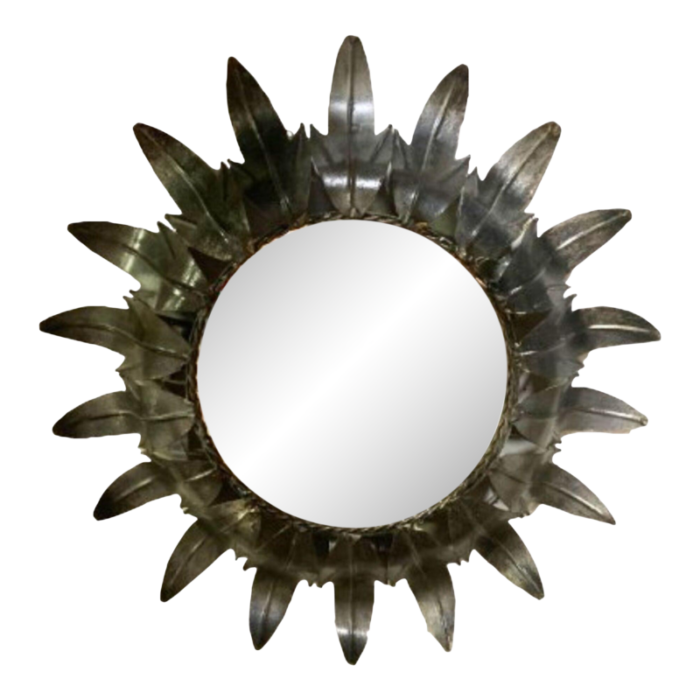 mid century round wrought iron sheet sun shaped wall mirror 1950s 4638