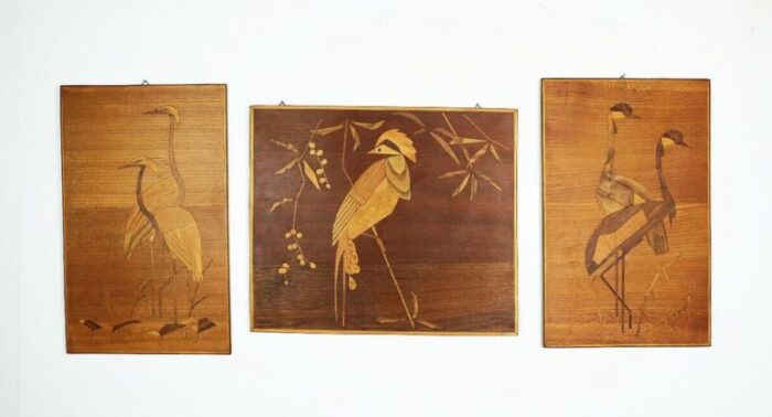 mid century wood intarsia bird wall decors 1950s 1960s set of 3 10