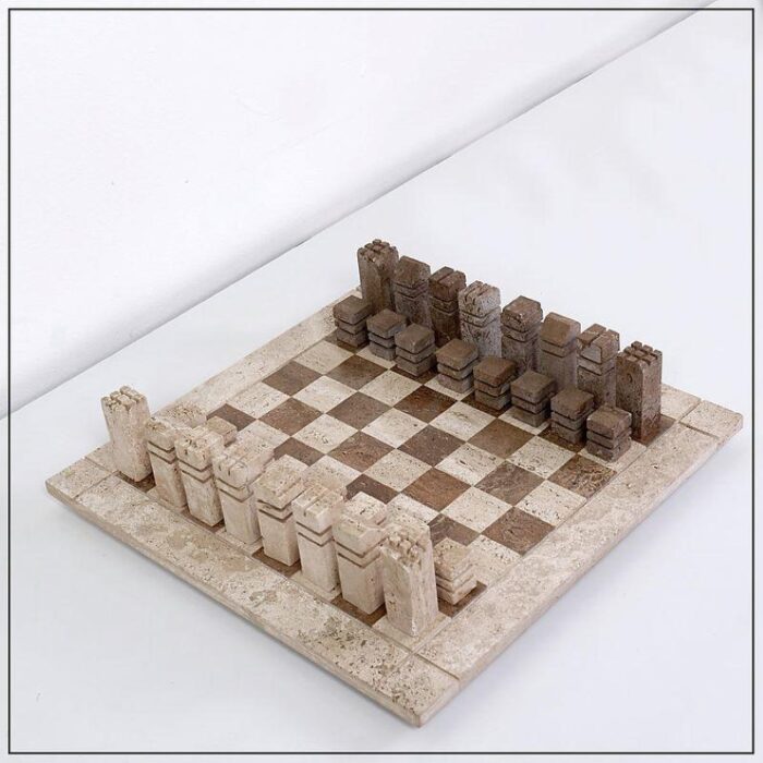 modernist chess game in 2 colored travertine italy 1970s set of 33 0061