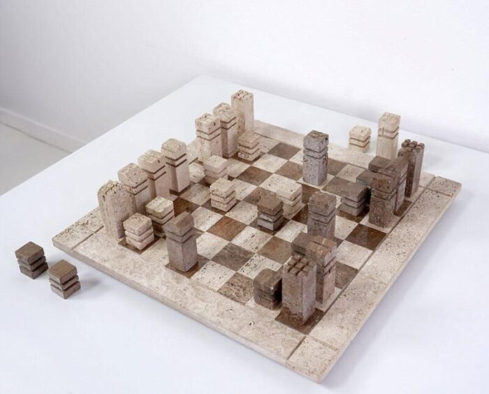 modernist chess game in 2 colored travertine italy 1970s set of 33 0951