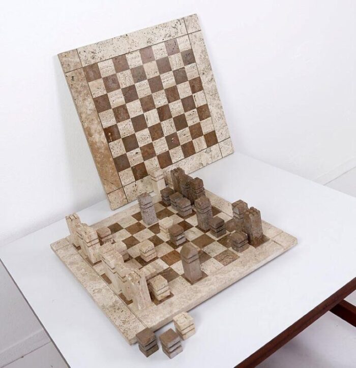 modernist chess game in 2 colored travertine italy 1970s set of 33 7038