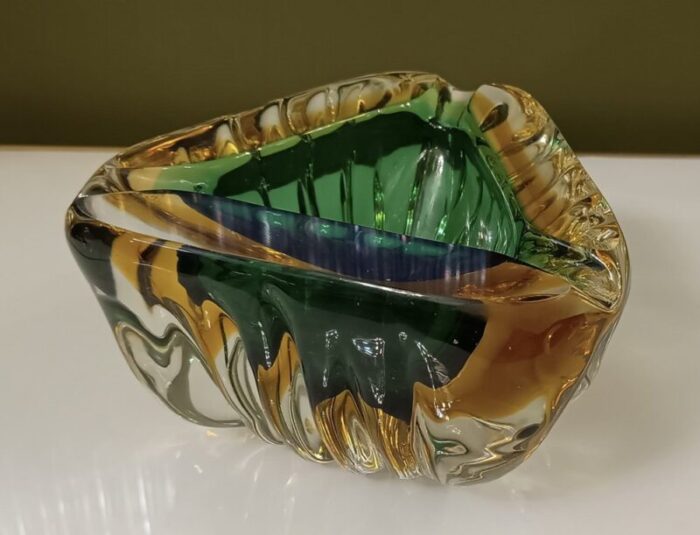 murano triangular green and yellow glass ashtray 1960 1