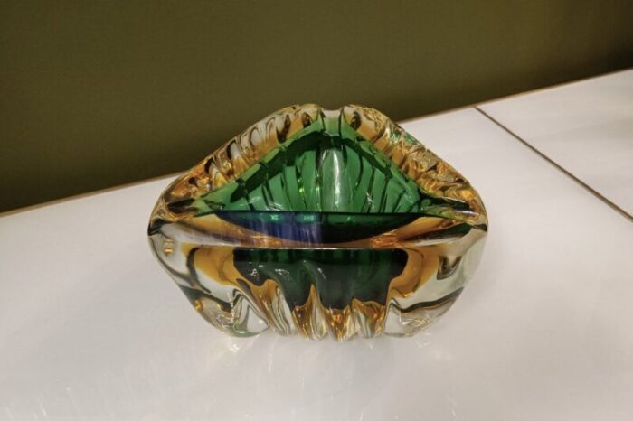 murano triangular green and yellow glass ashtray 1960 2