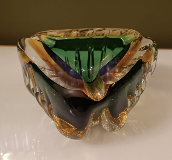 murano triangular green and yellow glass ashtray 1960 8