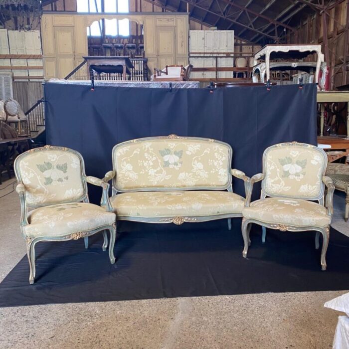 painted wood french louis xv style loveseat with silk upholstery 0945