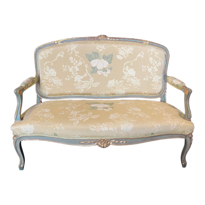 painted wood french louis xv style loveseat with silk upholstery 1437