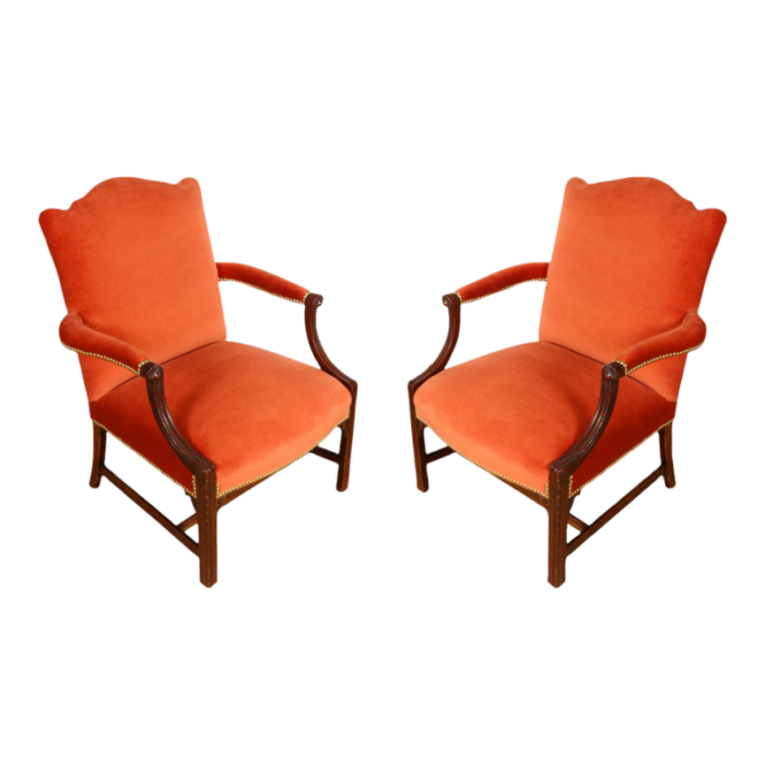 pair newly upholstered orange velvet george iii arm chairs 8096