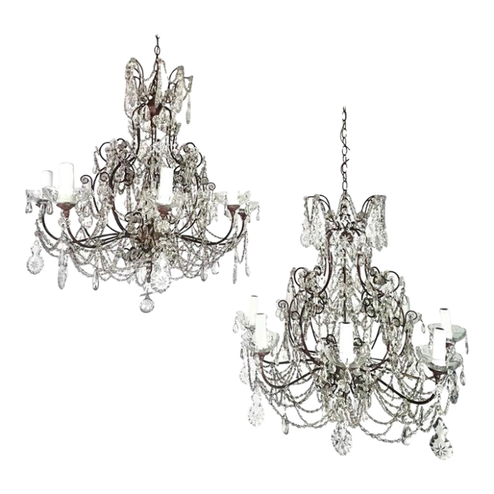 pair of french crystal and beaded chandeliers c 1930s 8629