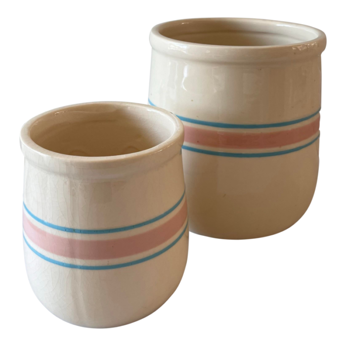 pair of vintage mccoy pink and blue stripe canisters 4082