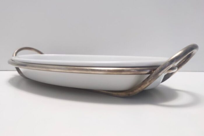 postmodern silver plated and ceramic serving plate by lino sabattini italy 1970s 2