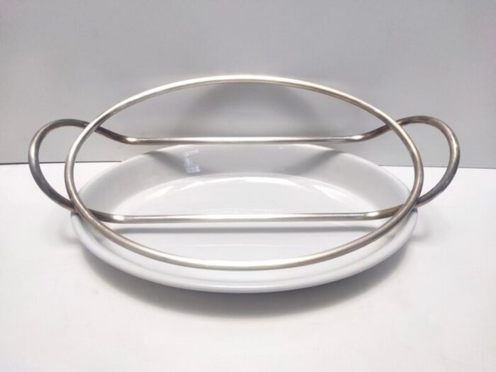 postmodern silver plated and ceramic serving plate by lino sabattini italy 1970s 3