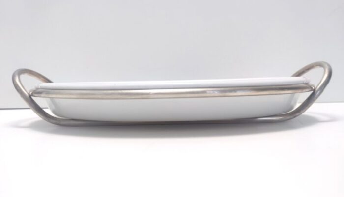 postmodern silver plated and ceramic serving plate by lino sabattini italy 1970s 9