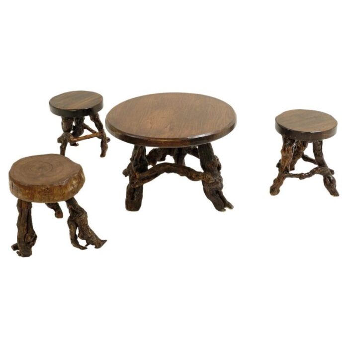 primitive stools with round slab seat and legs constructed from vines 1960s set of 4 2938