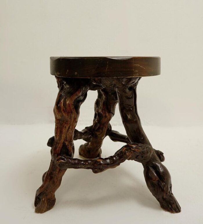 primitive stools with round slab seat and legs constructed from vines 1960s set of 4 3632