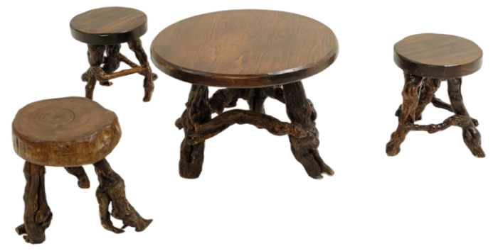 primitive stools with round slab seat and legs constructed from vines 1960s set of 4 6100