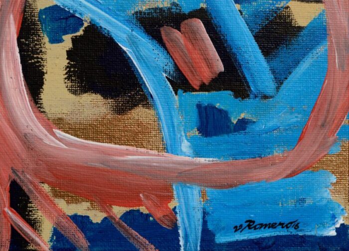 puzzled small scale contemporary abstract with blue gold and pink by frank thomas romero 1088