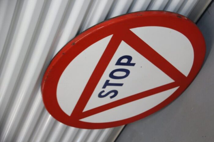 red and white enamel metal stop traffic sign 1965 2