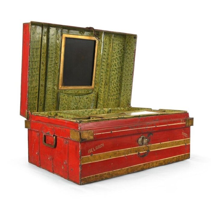 red metal travel trunk 1940s 2