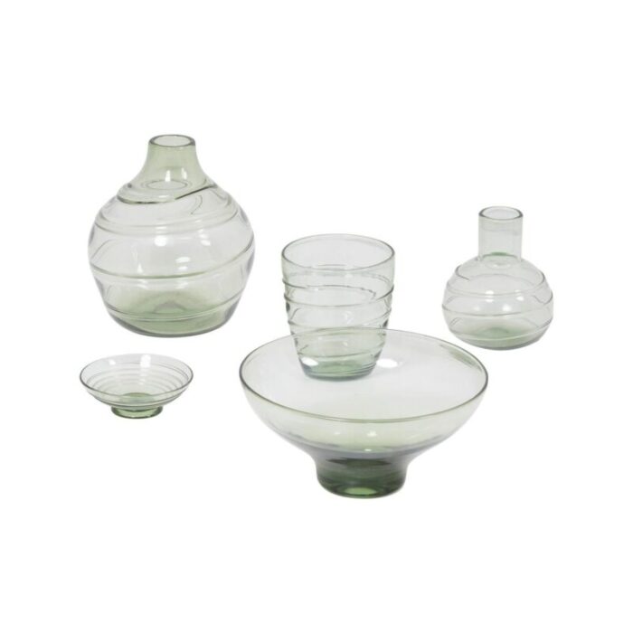 ribbon trailed glass vases and bowls by barnaby powell for whitefriars 1930s set of 5 1