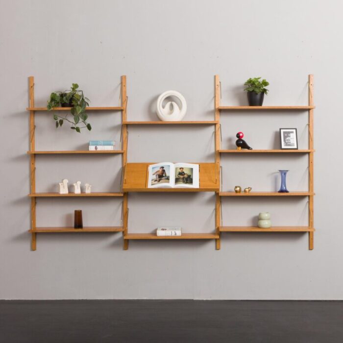 scandinavian upcycled oak wall unit with expository shelf in the style of poul cadovius 2246