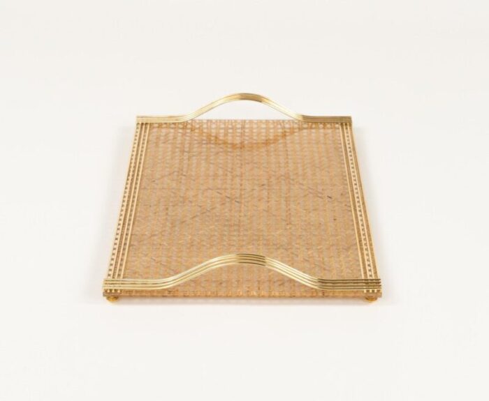 serving tray in acrylic glass rattan and brass in the style of christian dior italy 1970s 10