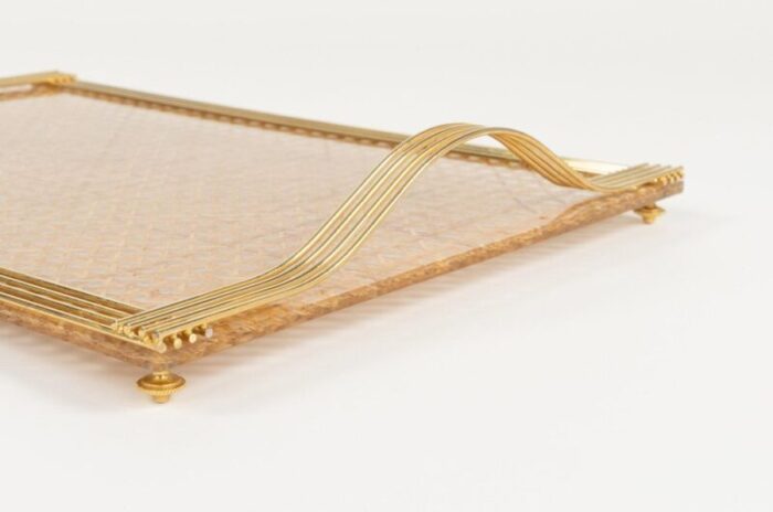 serving tray in acrylic glass rattan and brass in the style of christian dior italy 1970s 12