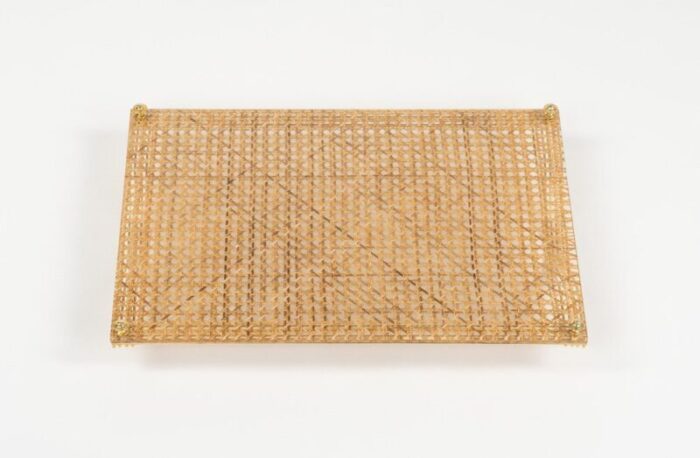 serving tray in acrylic glass rattan and brass in the style of christian dior italy 1970s 13