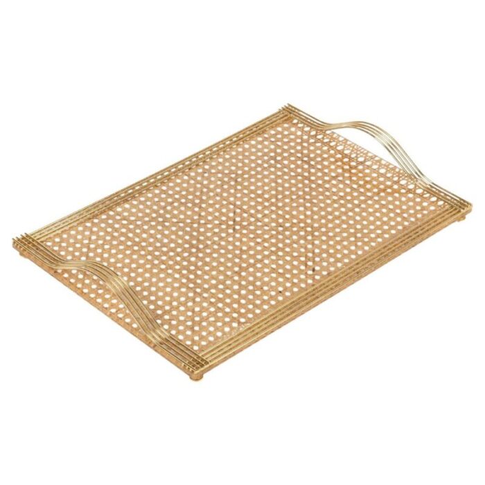 serving tray in acrylic glass rattan and brass in the style of christian dior italy 1970s 14